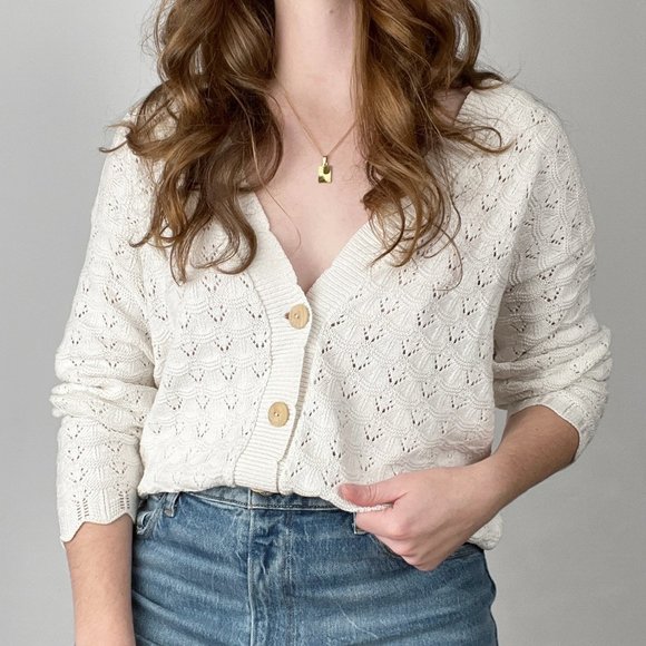 Stunning Vintage Oversized Pointelle Crochet Cable Knit Cardigan Sweater Jumper - Picture 4 of 6